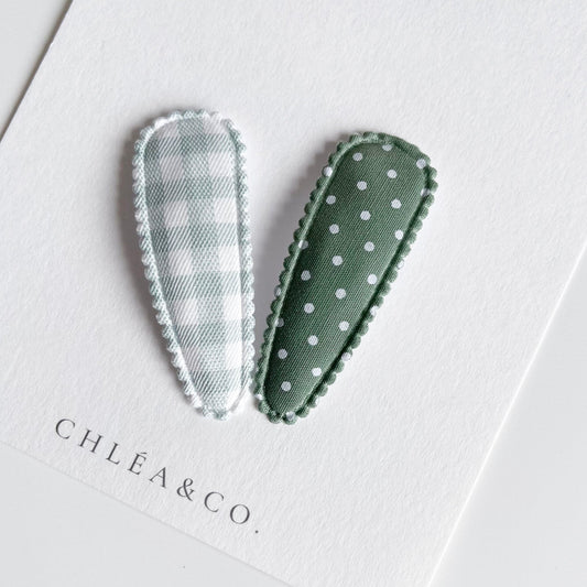 Mint Gingham & Ava Green Fabric Covered Snap Clip - Chléa & Co.