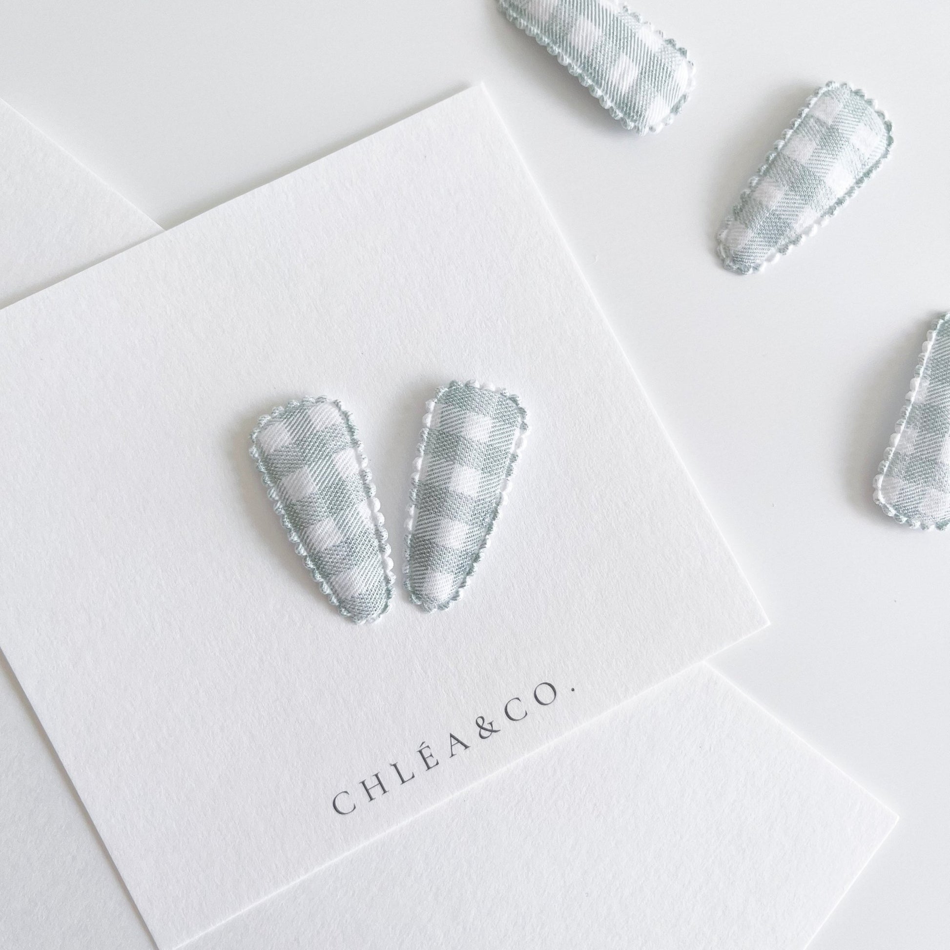 Petite Mint Gingham Fabric Covered Snap Clip - Chléa & Co.