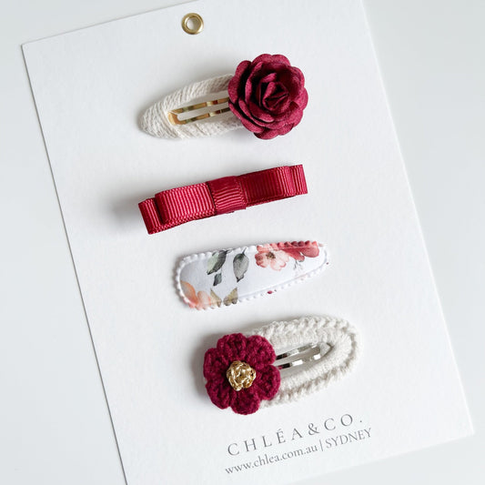 Set of 4 Red Flower Hair Clip Set - Chléa & Co.