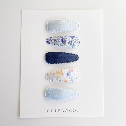 Set of 5 Vintage Blue Fabric Covered Snap Clip - Chléa & Co.